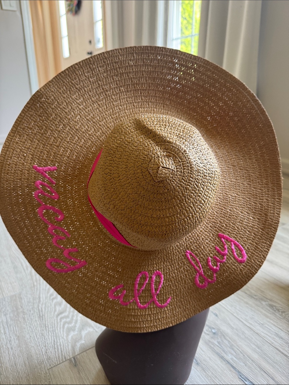 Straw Sun Hat  with Pink Trim and Embroidery